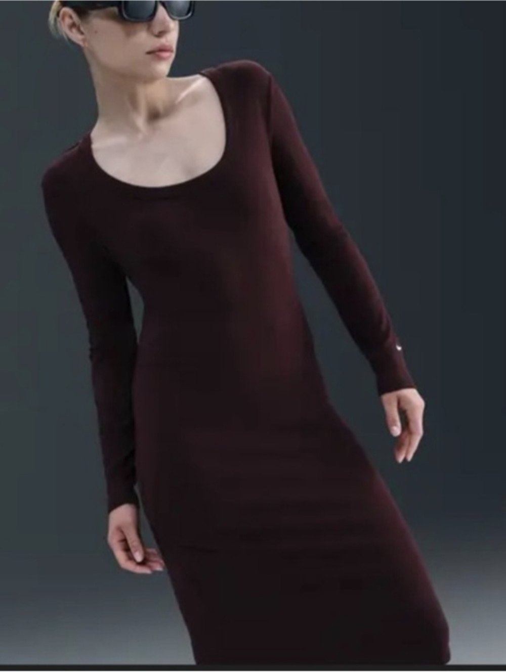 Nike Sportswear Chill Knit Ribbed Long Sleeve Midi Dress NWT Med Burgundy Crush - Picture 2 of 14